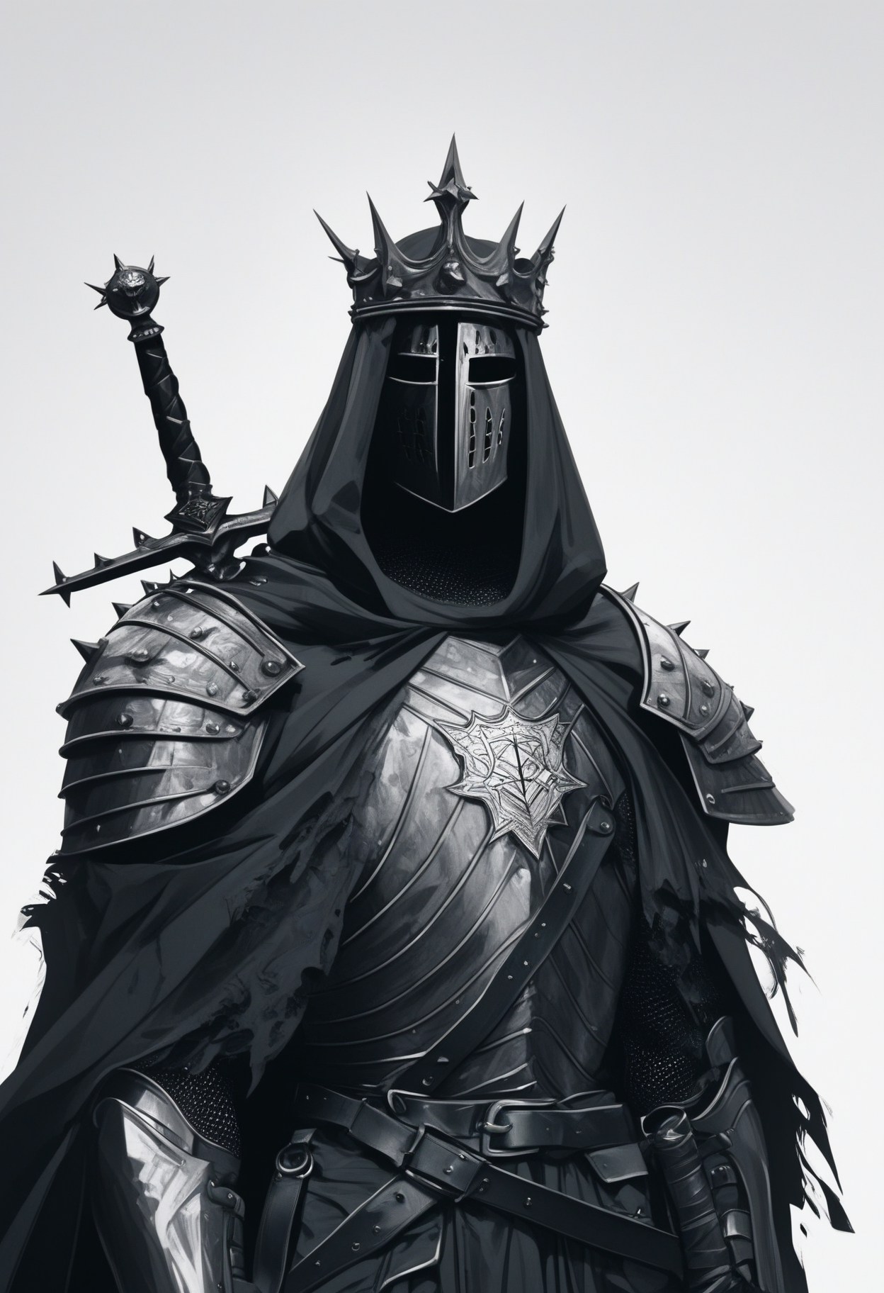 score_9, score_8_up, score_7_up, score_6_up, score_5_up, score_4_up,
 <lora:ArmorSentinelV2:1>, arm0rs3nt1n3l,
templar, solo, looking at viewer, simple background, white background, 1boy, holding, standing, upper body, monochrome, male focus, weapon, cowboy shot, belt, hood, sword, holding weapon, cape, armor, torn clothes, holding sword, helmet, crown, shoulder armor, 1other, facing viewer, gauntlets, sheath, veil, cloak, hood up, pauldrons, sheathed, breastplate, weapon on back, knight, full armor, ambiguous gender, torn cape, helm, chainmail