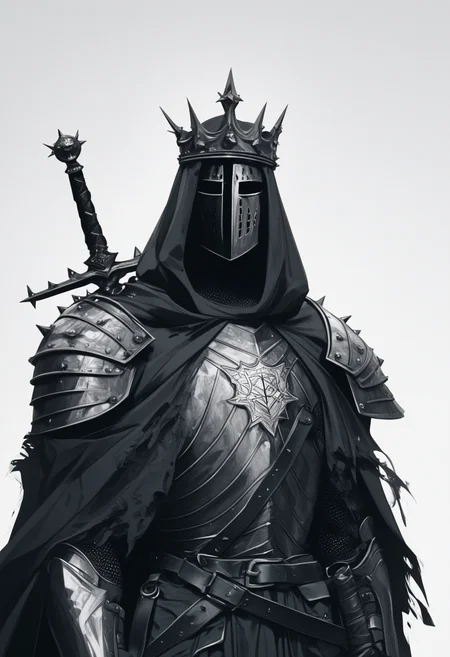 score_9, score_8_up, score_7_up, score_6_up, score_5_up, score_4_up,
<lora:ArmorSentinelV2:1>, arm0rs3nt1n3l,
templar, solo, looking at viewer, simple background, white background, 1boy, holding, standing, upper body, monochrome, male focus, weapon, cowboy shot, belt, hood, sword, holding weapon, cape, armor, torn clothes, holding sword, helmet, crown, shoulder armor, 1other, facing viewer, gauntlets, sheath, veil, cloak, hood up, pauldrons, sheathed, breastplate, weapon on back, knight, full armor, ambiguous gender, torn cape, helm, chainmail
