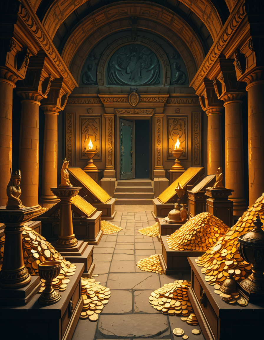 A hidden treasure chamber deep within an ancient temple, illuminated by the warm golden glow of torches and mystical blue light from enchanted crystals. The room is filled with piles of gold coins, jewel-encrusted goblets, and ancient artifacts covered in dust. Massive stone statues of forgotten deities guard the chamber, their eyes glowing faintly as if watching intruders. In the center, a grand pedestal holds a legendary artifactâan ornate golden crown encrusted with emeralds and sapphires, shimmering with an otherworldly aura. The walls are adorned with intricate carvings depicting lost civilizations, and creeping vines hint at centuries of abandonment. The atmosphere is mystical and slightly eerie, with a sense of both wonder and danger. The air is thick with the scent of aged parchment and burning incense, adding to the chamberâs ancient and mysterious feel. Cinematic lighting with dramatic shadows enhances the depth and richness of the scene, creating a visually stunning and immersive environment.
<lora:SDXLFaeTastic2400:0.4> <lora:extremely_detailed:0.4> extremely detailed,treasure ch4mb3r, <lora:treasure_ch4mb3r-i:1>, Masterpiece,best quality,hi res,8k,hi res,8k,award winning,(sharp focus, intricate, highly detailed),