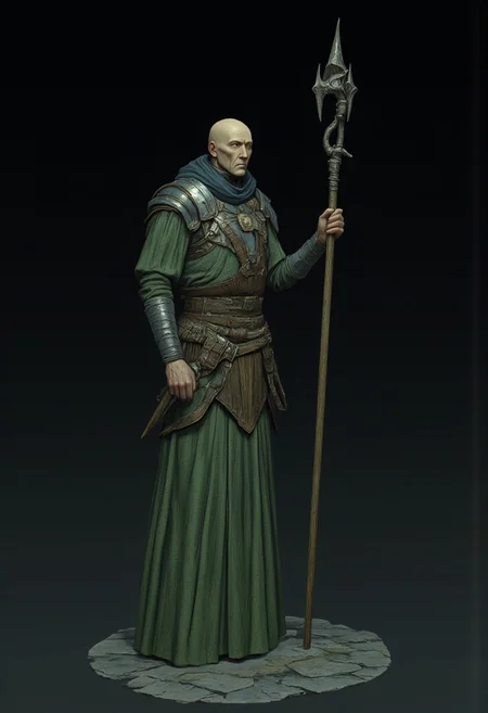 Standing in a hyper stanced extended action pose
a meddle aged bald medieval mage wearing a green tunic and a wizards staff made out of wood zbrush
Set against a solid dark black color background to emphasize its unsettling unnatural form that emphasizes its silhouette. The medium is not a traditional painting or illustrative medium like watercolor or ink but rather a digital 3D rendering.
MikeFranchinastyle, d4artstyle, d4concept, , bbstyle,, horror theme,, zbrush, ZBClay model of a gray sculpture, 1990's, 1990's style