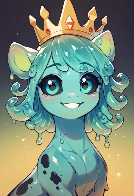 core_9, score_8_up, score_7_up, score_5_up, 1girl, (slime pony), my little pony, greenish-gray skin tone, big eyes, black sclera, looking right, mint-green curly hair, black spots on skin, pastel colors, mystical background, dark details, 2d illustration, dynamic pose, slight smile, glowing light source, sunset, moonrise, expressive, voluminous curls, playful demeanor, a crown on the head