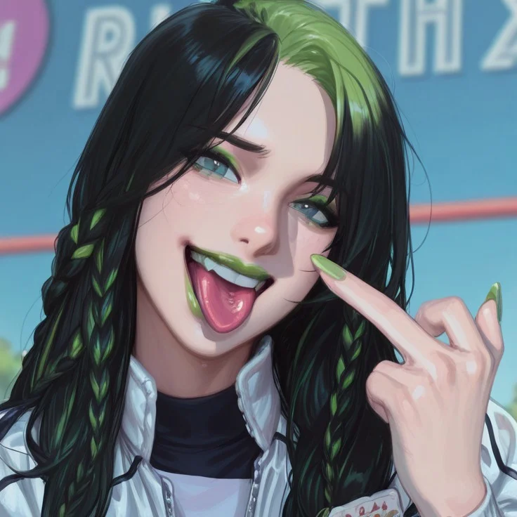 masterpiece, best quality, amazing quality, photoreal render, rating:safe, very close-up, braid, black_hair, 1girl, green_eyes, solo, multicolored_hair, looking_at_viewer, green_hair, long_hair, makeup, deep plum lipstick, tongue_out, looking_at_viewer, blurry_background, nail_polish, realistic, open_mouth, depth_of_field, smile, nose, bangs, face, blue eyes, unzipped jacket, gloss_(hotglossed), Krysd3cker, volumetric light, perfect light,