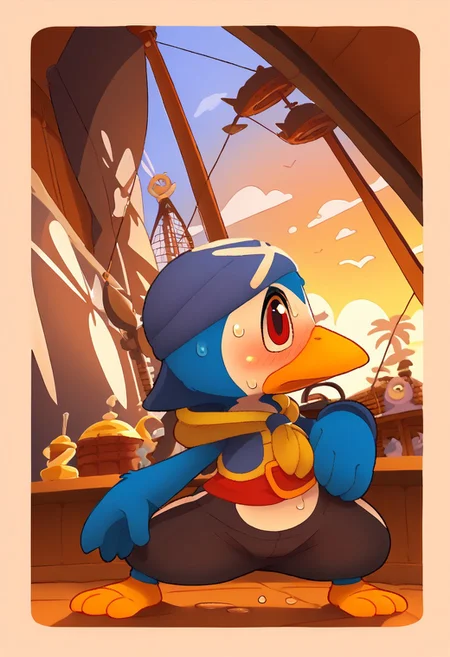 score_9, score_8_up, score_7_up, full body, cartoon, toony, antropomorphic penguin ,penguin, dungeon,  barefoot, wet, sweat, blush, , solo,, penguin,   blu fur,by Backsash,three toes, blu skin ,detailed background,blu hands,  ship,palm trees ,sea