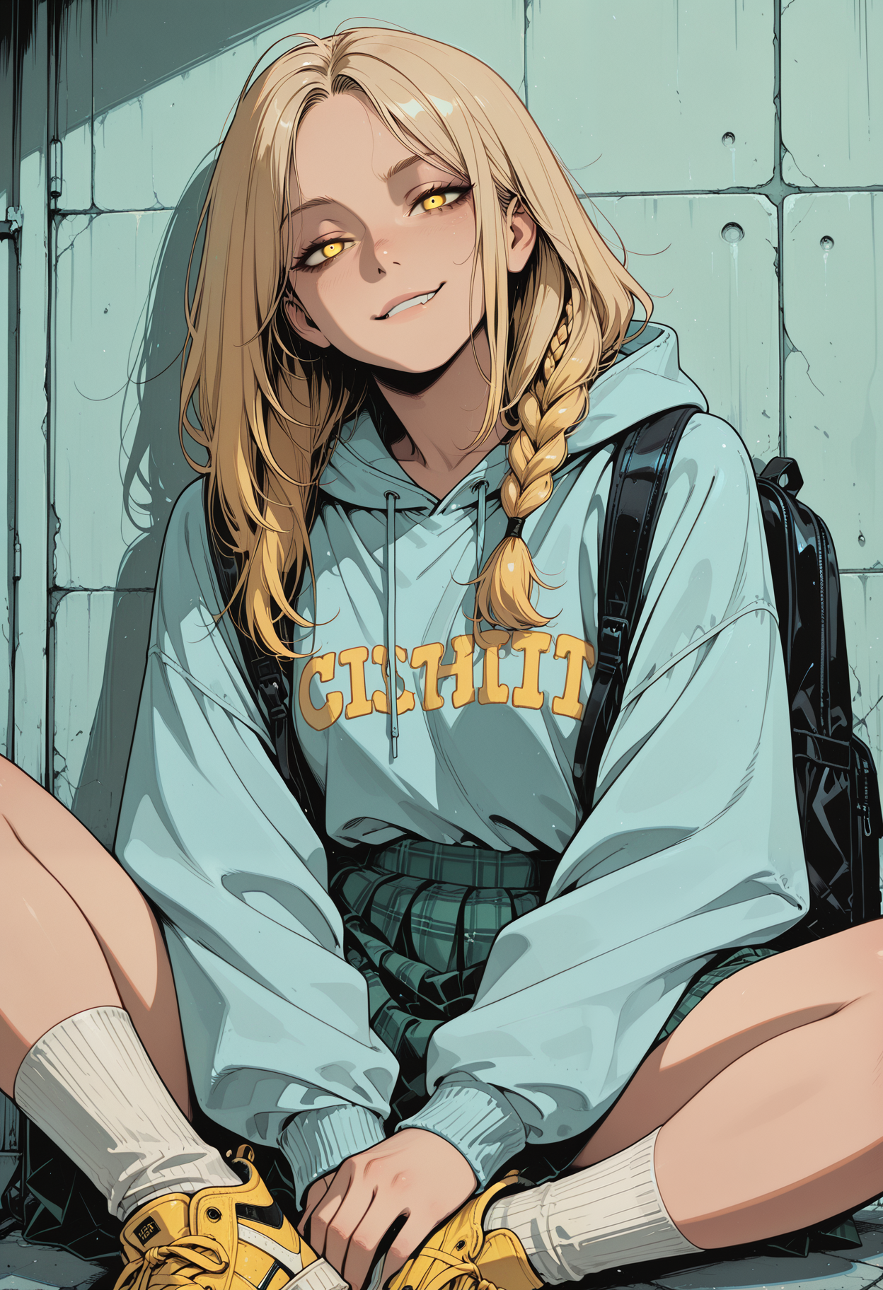 embedding:IllusP0s, codex sss chroma
1girl, solo, upper_body, sitting, looking_at_viewer, school_uniform, hoodie, skirt, plaid_skirt, sneakers, backpack, blonde_hair, braid, yellow_eyes, smirk, socks, light_blue_hoodie, green_skirt, yellow_sneakers, wall