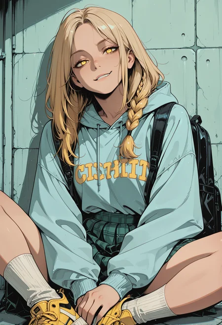 embedding:IllusP0s, codex sss chroma
1girl, solo, upper_body, sitting, looking_at_viewer, school_uniform, hoodie, skirt, plaid_skirt, sneakers, backpack, blonde_hair, braid, yellow_eyes, smirk, socks, light_blue_hoodie, green_skirt, yellow_sneakers, wall