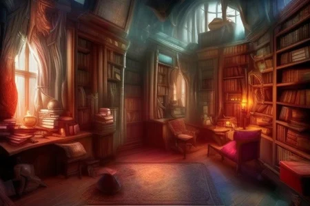 a fantasy bedroom that is also the owner's personal library with books everywhere
FanStu