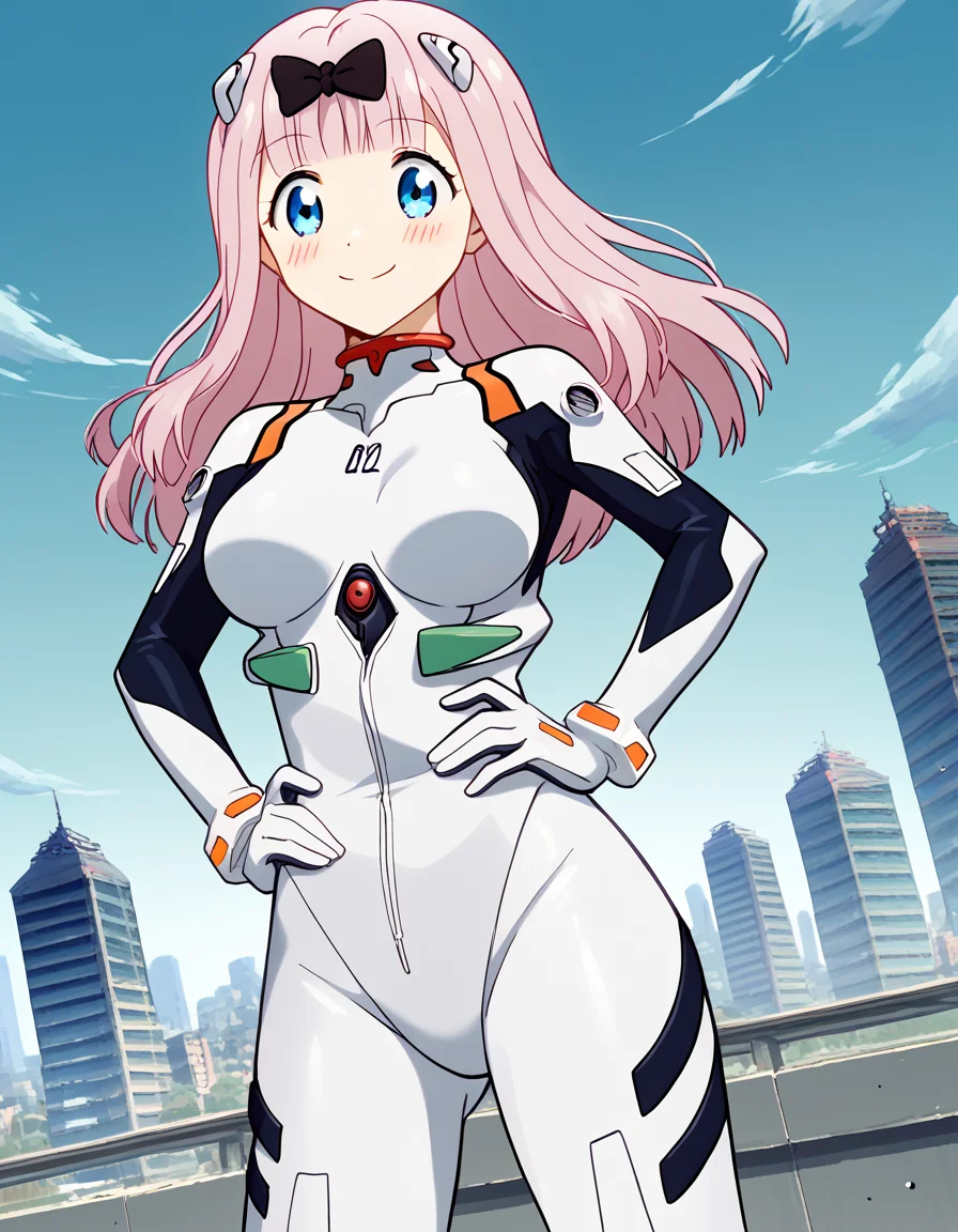score_9, score_8_up, score_7_up, source_anime, chikafujiwara, <lora:chika-fujiwara-s3-ponyxl-lora-nochekaiser:1>, chika fujiwara, long hair, bangs, blue eyes, bow, pink hair, hair bow, blunt bangs, black bow, large breasts,, <lora:rei-ayanami-cosplay-ponyxl-lora-nochekaiser:1>, reiayanamicosplay, ayanami rei \(cosplay\), bodysuit, headgear, plugsuit, white bodysuit,, outdoors, cityscape, smile, blush, hands on hips,, cowboy shot, dutch angle, solo,