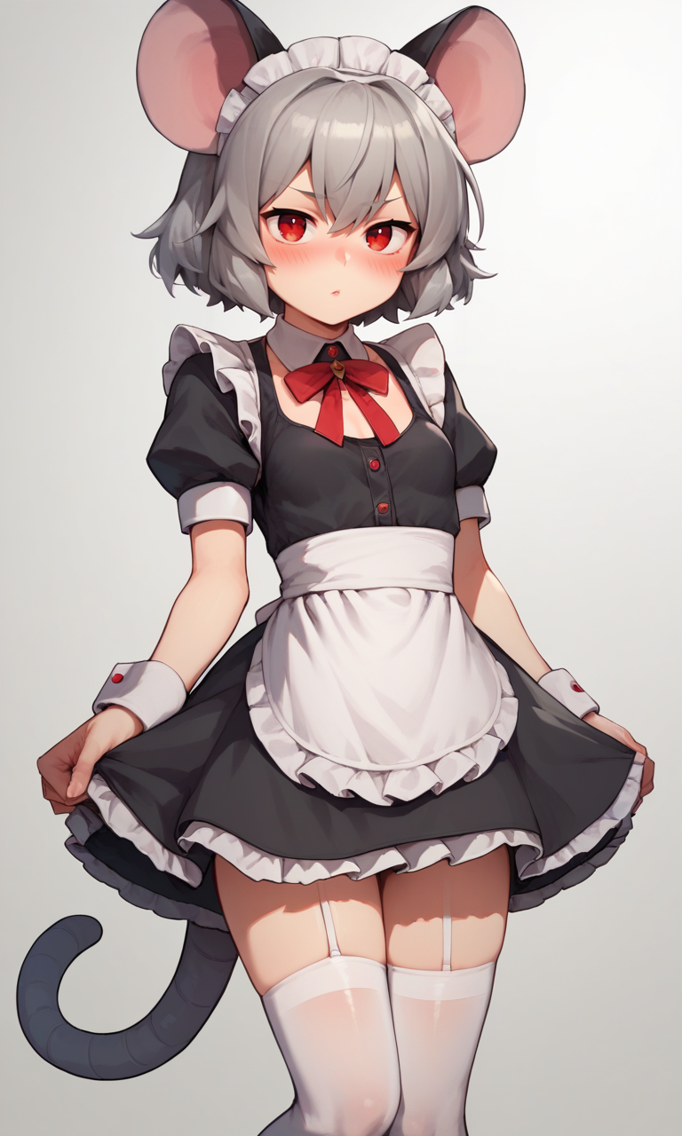 score_9, score_8_up, score_8, score_9, 1 girl,  source_anime, <lora:nazrin_pony-10:1>  nazrin, red eyes, small breasts, mouse ears, mouse tail, grey hair, maid, maid apron, maid maid headdress, short skirt, thighhighs, zettai ryouiki,  <lora:BikupanStyle:0.8> BikupanStyle, blush