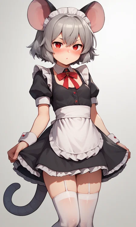score_9, score_8_up, score_8, score_9, 1 girl, source_anime, <lora:nazrin_pony-10:1> nazrin, red eyes, small breasts, mouse ears, mouse tail, grey hair, maid, maid apron, maid maid headdress, short skirt, thighhighs, zettai ryouiki, <lora:BikupanStyle:0.8> BikupanStyle, blush