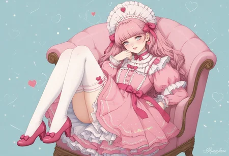 score_9, score_8_up, score_7_up,
masterpiece, best quality, detailed, amazing quality,
detailed background,
detailed face, detailed eyes, pastel colors,
solo, 1girl, dress, stockings, looking at viewer, cute, lovely, easynegative, closeup, flat colors, defined lines, legs in the air, heart frame, hearts, pink