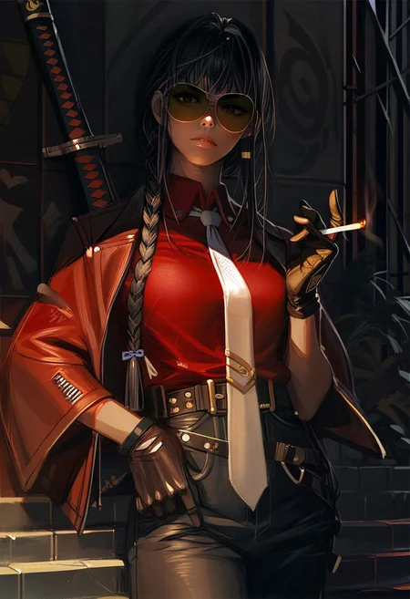 score_9, score_8_up, score_7_up, score_6_up, gwzs, detailed drawing, 1girl, cigarette, necktie, sword, shirt, holding cigarette, braid, solo, gloves, belt, tinted eyewear, katana, long hair, pants, sheathed, smoke, red shirt, white necktie, black hair, katana