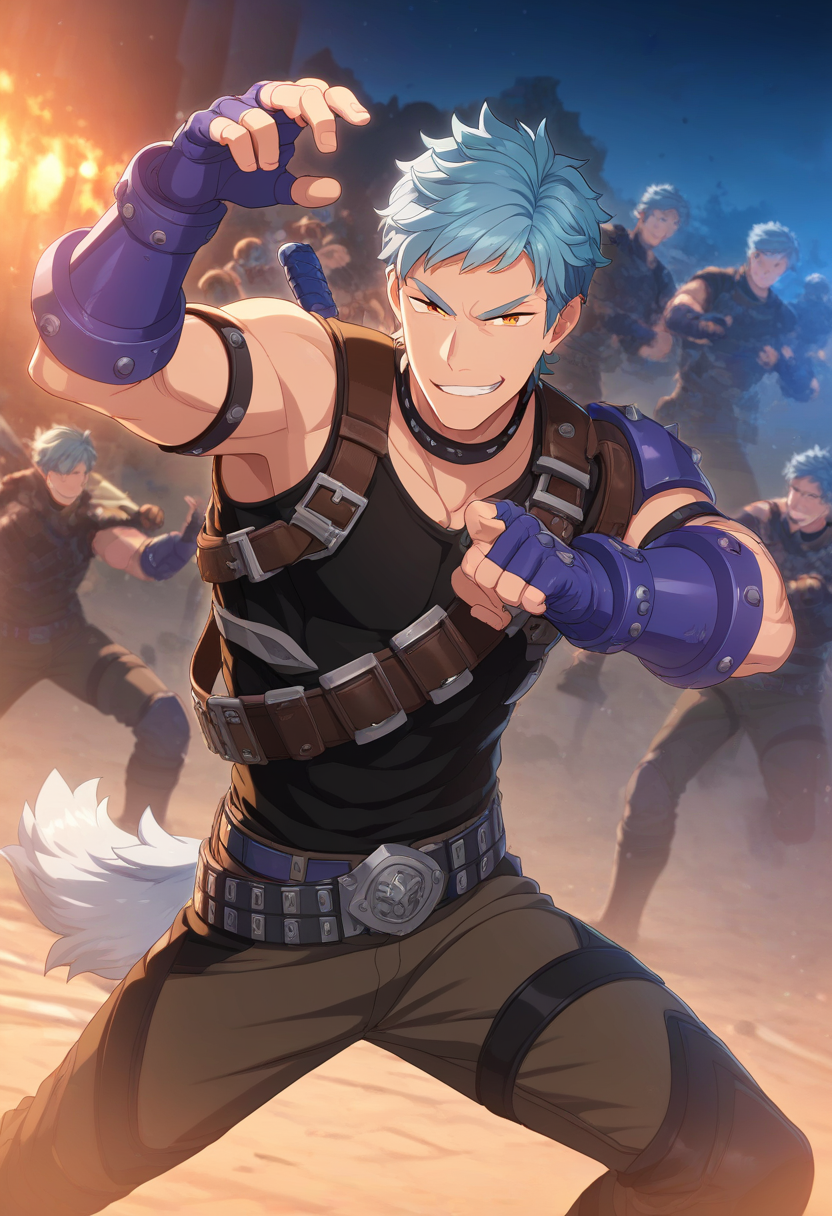 1boy, male focus, 
<lora:Character_-_Helios_Rising_Heroes_-_Asch_Albright:1> asch, blue hair, orange eyes,  
((zPDXL)), score_9_up, score_8_up, score_7_up, score_6_up, score_5_up, score_4_up, best quality, amazing quality, best aesthetic, absurdres, year2023, nsfw, game cg,  official art, official style, anime screencap,
outdoor, black tank_top, fingerless gloves, belt, brown pants, belt, night, belts, smirk, fighting stance, battlefield,
