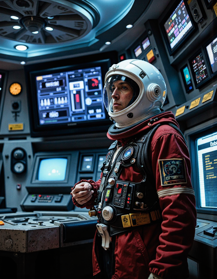 nostromo style man wearing spacesuit styled by Alexander McQueen, space helmet, jumbotron, ceiling decoration, control panels, buttons, switches, lights, science fiction, horror,
extremely detailed, sharp focus, sharp