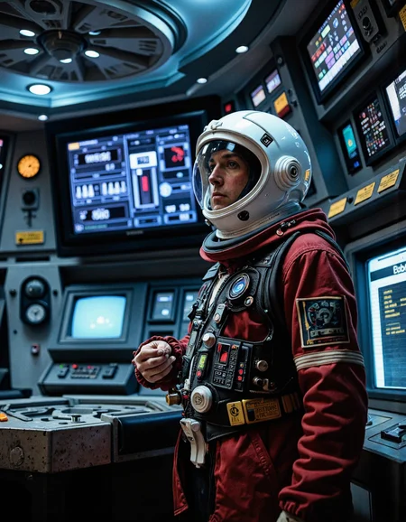 nostromo style man wearing spacesuit styled by Alexander McQueen, space helmet, jumbotron, ceiling decoration, control panels, buttons, switches, lights, science fiction, horror,
extremely detailed, sharp focus, sharp