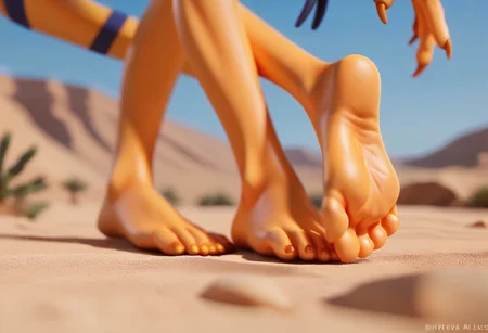 score_9, score_8_up, score_7_up, source_anime, duo, digimonster, leomon, orange skin, barefoot, orange feet, 5 toes, toeclaws, humanoid feet, standing, foot focus, close-up, desert,