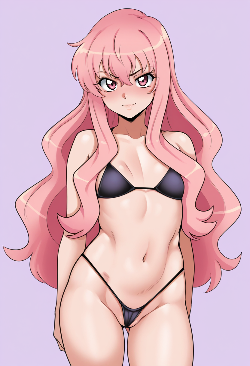masterpiece, best quality, <lora:sunnysundown:1> s0nn1s0nd0wn,, 1girl, solo,
Three quarter view
looking at viewer, light smile,
louise francoise le blanc de la valliere 
bikini, thong, 
simple background, Magenta  background,