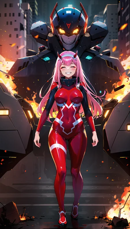 <lora:zero two:1> zero two \(darling in the franxx\), 1girl, solo, horns, long pink hair, closed eyes, makeup, grin revealing teeth, red body suit, skin tight, athletic, sci-fi, dystopian city, mecha in the distance, fire, burning, embers, technology, depth, (Highest Quality, Amazing Details:1.25), cinematic lighting, unique, whole body in picture