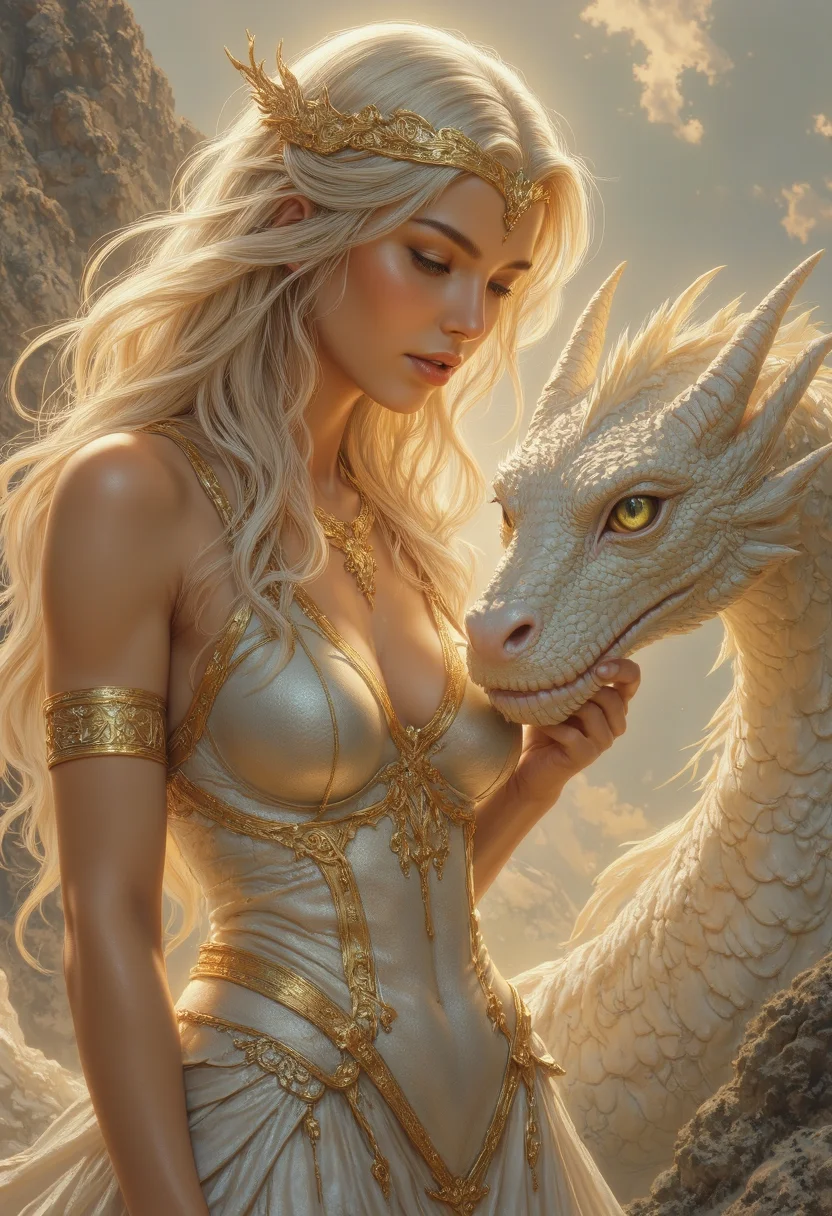 A highly detailed fantasy portrait of a radiant, ethereal woman standing in soft golden light, her long, wavy platinum-blonde hair flowing gently in the breeze. She wears a regal white gown adorned with ornate gold embroidery and fitted golden bands along her arms, shoulders, and waist. Her expression is serene and strong, with piercing pale green eyes and soft, flawless features. A golden, leaf-shaped crown curves delicately through her hair like living metal. Clutched gently to her chest is one hand, while a white-scaled dragon rests at her side, its intelligent eyes calm and watchful. The creature’s head nestles near her waist, protective and at peace, with finely detailed scales and golden eyes that mirror hers. The background is a luminous, overcast sky filled with soft clouds, giving the impression of a high mountain or heavenly plane. The entire composition glows with pale, sacred light. Emphasis on celestial regality, dragon-human bond, divine costume detail, and radiant mythic atmosphere.