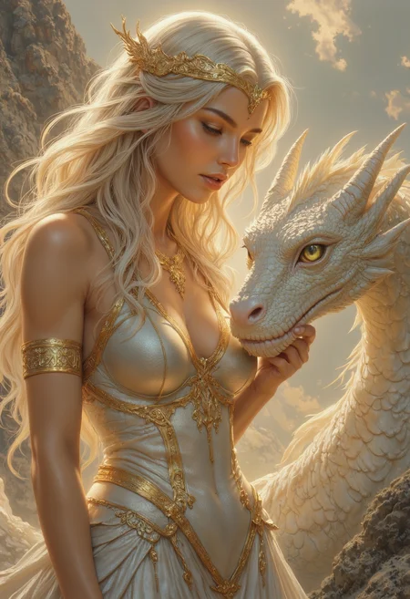 A highly detailed fantasy portrait of a radiant, ethereal woman standing in soft golden light, her long, wavy platinum-blonde hair flowing gently in the breeze. She wears a regal white gown adorned with ornate gold embroidery and fitted golden bands along her arms, shoulders, and waist. Her expression is serene and strong, with piercing pale green eyes and soft, flawless features. A golden, leaf-shaped crown curves delicately through her hair like living metal. Clutched gently to her chest is one hand, while a white-scaled dragon rests at her side, its intelligent eyes calm and watchful. The creature’s head nestles near her waist, protective and at peace, with finely detailed scales and golden eyes that mirror hers. The background is a luminous, overcast sky filled with soft clouds, giving the impression of a high mountain or heavenly plane. The entire composition glows with pale, sacred light. Emphasis on celestial regality, dragon-human bond, divine costume detail, and radiant mythic atmosphere.
