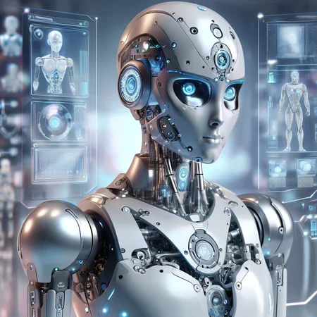 Pearlum, humanoid robot, close-up, head and torso, intricate mechanical parts, visible joints, wiring, advanced technology, holographic displays, human anatomy, data, biotechnology, medical research, futuristic robotics, human-like features, high resolution, glowing blue eyes, digital art, visual aesthetics, contemporary design, vibrant colors, reflective surfaces, artistic composition, high contrast, elegant, complex geometry, modern, futuristic, technology <lora:Pearlum_World_Morph:1>