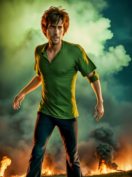 1boy, Shaggy, a man with green shirt, red eyes, spiky hair, brown pants, black shoes, ULTIMAXPOWER_mode, green ghoulish fire, blue shaggy ghost in the background , explosion in the background, masterpiece, highly detailed, 8K, stunning, hdr, (RAW photo:1.2), (photorealistic:1.2),(masterpiece:1.4), <lora:Shaggy-000012:1>