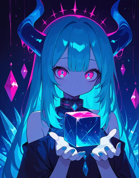 masterpiece, best quality, newest, highres, absurdres, <lora:LeIsT0_style:1>,LeIsT0_illu, 1girl, solo, long hair, horns, upper body, blue hair, cube, pink eyes, bare shoulders, blue nails, hands up, bangs, closed mouth, multicolored eyes, looking at viewer, nail polish, crystal, space, gem, aqua hair