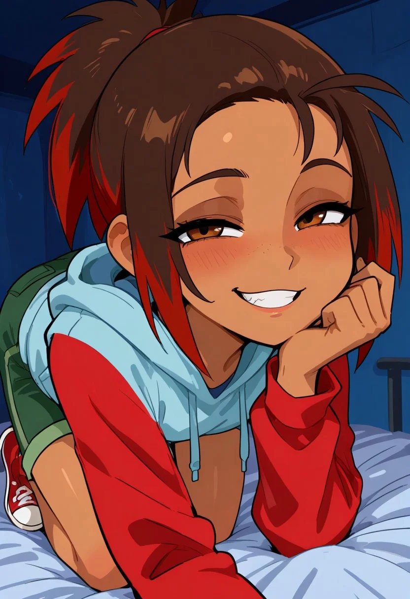 nyuunstyle, easynegative, smile, looking at viewer, smiling, seductive, teasing, flirting, grin, crawling onto bed, 1zzie_SciG1rls, 1 girl, solo, multicolored hair, brown skin, brown eyes, blue hoodie, red sleeves, green shorts, red shoes,,