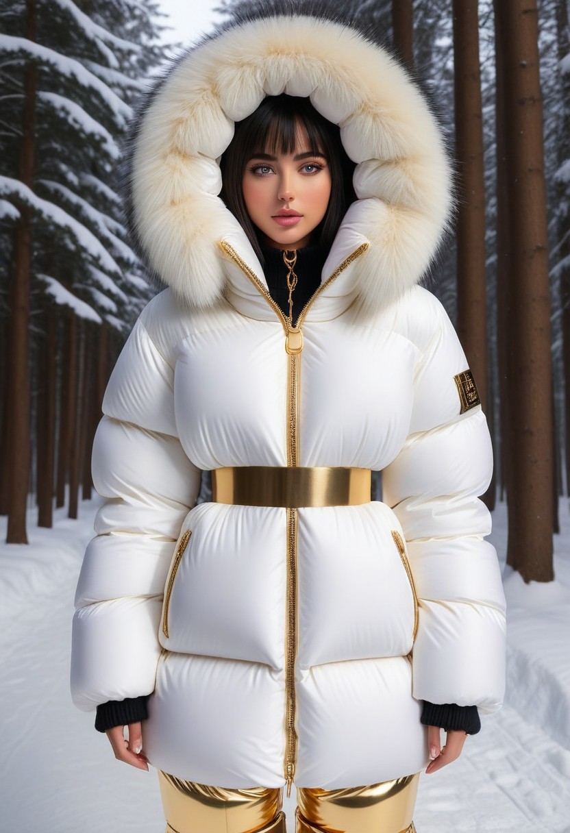 ((((puffer padded jacket)))), ((((puffer padded coat)))), ((((full body)))), ((((fur boots)))), ((((puffer pants)))), ((((puffer hood up)))), winter, snow, forest, 1girl, solo, (masterpiece), detailed face, detailed eyes, (beautiful detailed eyes:1.5), sidelighting, (super detail, hyper detail, intricate_details, detailed), (semi realistic:1.6), (Bob cut), blunt bangs,(black hair), (purple eyes, eyelashs), smug smile, angry face, Golden jewelery, golden rings, golden necklace, golden armlets, padded cuffs, padded collar, Thick padded cuffs, Thick padded collar, <lora:Collar-SDXL:0.6>, <lora:Cuffs-SDXL:0.6>, <lora:Puffer_Jacket_and_Down_Jacket_-_Extra_Puffy_Jackets:0.4>, <lora:snowpants_v1:0.4>