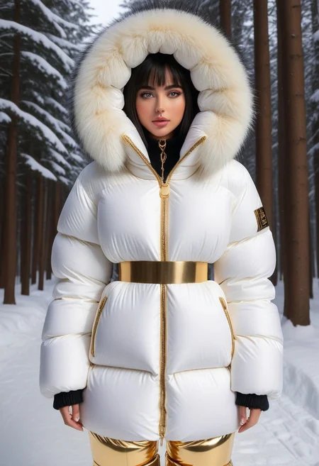 ((((puffer padded jacket)))), ((((puffer padded coat)))), ((((full body)))), ((((fur boots)))), ((((puffer pants)))), ((((puffer hood up)))), winter, snow, forest, 1girl, solo, (masterpiece), detailed face, detailed eyes, (beautiful detailed eyes:1.5), sidelighting, (super detail, hyper detail, intricate_details, detailed), (semi realistic:1.6), (Bob cut), blunt bangs,(black hair), (purple eyes, eyelashs), smug smile, angry face, Golden jewelery, golden rings, golden necklace, golden armlets, padded cuffs, padded collar, Thick padded cuffs, Thick padded collar, <lora:Collar-SDXL:0.6>, <lora:Cuffs-SDXL:0.6>, <lora:Puffer_Jacket_and_Down_Jacket_-_Extra_Puffy_Jackets:0.4>, <lora:snowpants_v1:0.4>