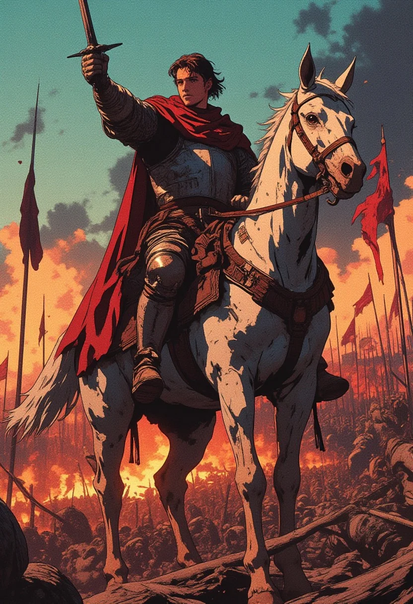 fantasy stylised illustration, anime style, cinematic composition, stunning, full body shot, masterpiece,best quality, close up dynamic model pose, (tall), perfect composition, 1guy, a battleworn knight squire rides a rearing warhorse, smoke and fire billows, he is surrounded by fallen standards, the shapeless form of the dead litter the field, pointing his medieval longsword onwards to battle and charge, dusk sunset, he wears medium medieval armor, medium chainmail, platemail, cuirass, leather and hide boots, gauntlets, pauldrons, tabbard, knight templar initiate, honourable, weary, brave expression, no helmet, 35 years old, medium facial hair, masculine, man, (short trimmed brunette hair), brown eyes, not bulky, emotional, intense, dark, gritty, heavily stylised, incredible, awe-inspiring battle damaged, wounded, knight templar, adventurer, medium armor,