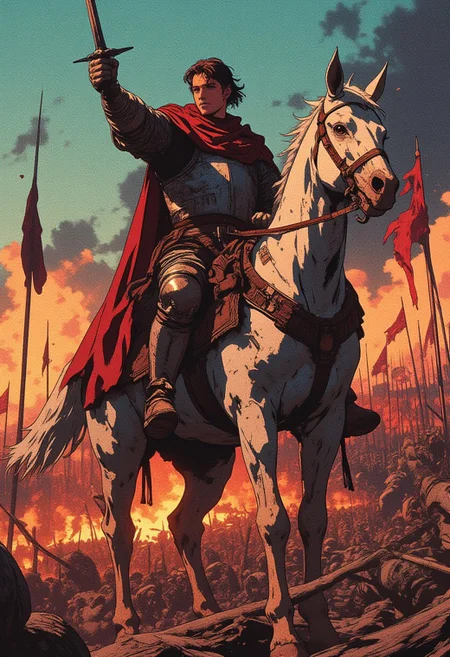fantasy stylised illustration, anime style, cinematic composition, stunning, full body shot, masterpiece,best quality, close up dynamic model pose, (tall), perfect composition, 1guy, a battleworn knight squire rides a rearing warhorse, smoke and fire billows, he is surrounded by fallen standards, the shapeless form of the dead litter the field, pointing his medieval longsword onwards to battle and charge, dusk sunset, he wears medium medieval armor, medium chainmail, platemail, cuirass, leather and hide boots, gauntlets, pauldrons, tabbard, knight templar initiate, honourable, weary, brave expression, no helmet, 35 years old, medium facial hair, masculine, man, (short trimmed brunette hair), brown eyes, not bulky, emotional, intense, dark, gritty, heavily stylised, incredible, awe-inspiring battle damaged, wounded, knight templar, adventurer, medium armor,