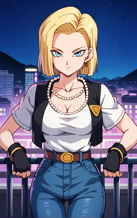score_9, score_8_up, score_7_up, BREAK
BlackJacket_Android18_ownwaifu, android 18,
1girl, blonde hair, blue eyes, eyelashes, forehead, short hair, jewelry, pearl necklace, earrings, bead necklace, collarbone, breasts, beads, necklace, chain, medium breasts, bangs, hoop earrings, straight hair,
black vest, blue pants, black belt, vest, short sleeves, white shirt, black gloves, denim, jeans, belt, pants, bracelet, high-waist pants, cleavage, fingerless gloves,
(standing, arm_support), railing, cityscape, night, city, city lights, scenery, starry sky, vanishing point, outdoors, <lora:PONYXL_DragonBall_Android18_ownwaifu:0.8> , depth of field, solo,