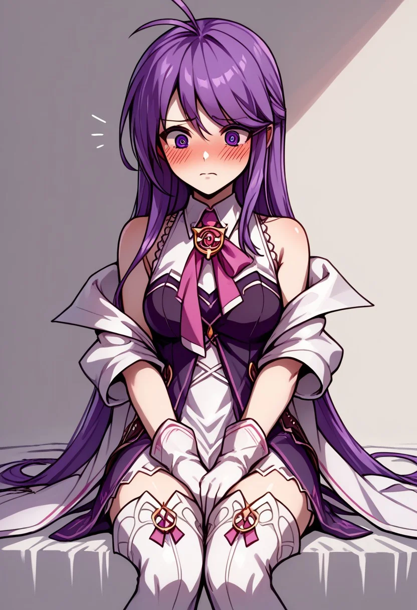 score_9, score_8_up, score_7_up, source_anime, good anatomy, 1girl, solo, AishaAS, antenna hair, ahoge, long hair, purple hair, sidelocks, very long hair, purple eyes, amulet, pink ribbon, wing collar, white and purple dress, layered dress, sleeveless dress, leather belt, off shoulder coat, white coat, white gloves, white thighboots, blushing, embarassed, sitting, hands between thighs,