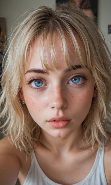 4k selfie with a surprised "o"-expression, deep focus, split-diopter lens. close-up, focus on her eyes. cluttered bedroom, posters on walls, ring lighting. long shaggy blonde (bangs between eyes, dark blue eyes, freckles, blush, natural lips, natural eyes, messy hair, black eyebrows, pierced eybrow) taking a selfie, bent forward, mirror behind in distance, her back can be seen (reflection)
