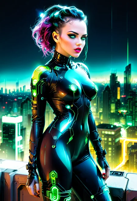 nerdy cybernetic cyberpunk woman, nanofiber jumpsuit, seduction and danger, nighttime, outcropping overlooking a neon-lit cityscape, ravishing femme fatale, perfect nose, voluptuous lips, dimly lit dark eyes, mechanical arms, organic curves with angular mechanics, emanates a potent aura of temptation, dreamlike atmosphere, . vibrant, high-energy, detailed, iconic, high details cyber<lora:CyberMatriKs:1> <lora:SDXLHighDetail_v5:0.8> <lora:xl_more_art-full_v1:0.8>