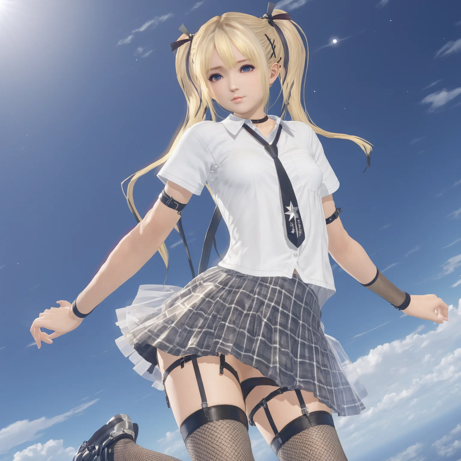 masterpiece, best quality, 1girl, shirt,  blonde hair, star \(sky\), twintails, fishnet thighhighs, dof, flying through the sky, backlighting, pleated skirt, wind lift,  <lora:marie_rose1-000008:0.8>