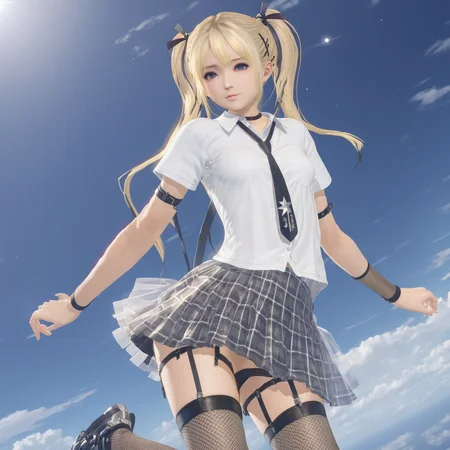 masterpiece, best quality, 1girl, shirt,  blonde hair, star \(sky\), twintails, fishnet thighhighs, dof, flying through the sky, backlighting, pleated skirt, wind lift,  <lora:marie_rose1-000008:0.8>