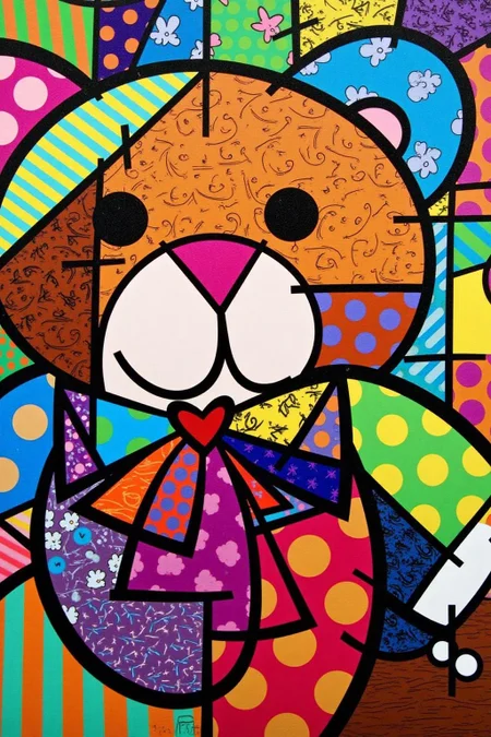 romeb1 illustration.
A teddy bear wearing a bow tie. The bear's face is divided into multiple sections, each filled with various patterns and colors. <lora:romeb1_cap_d6a3e12:1.0><lora:829127738670609358:0>