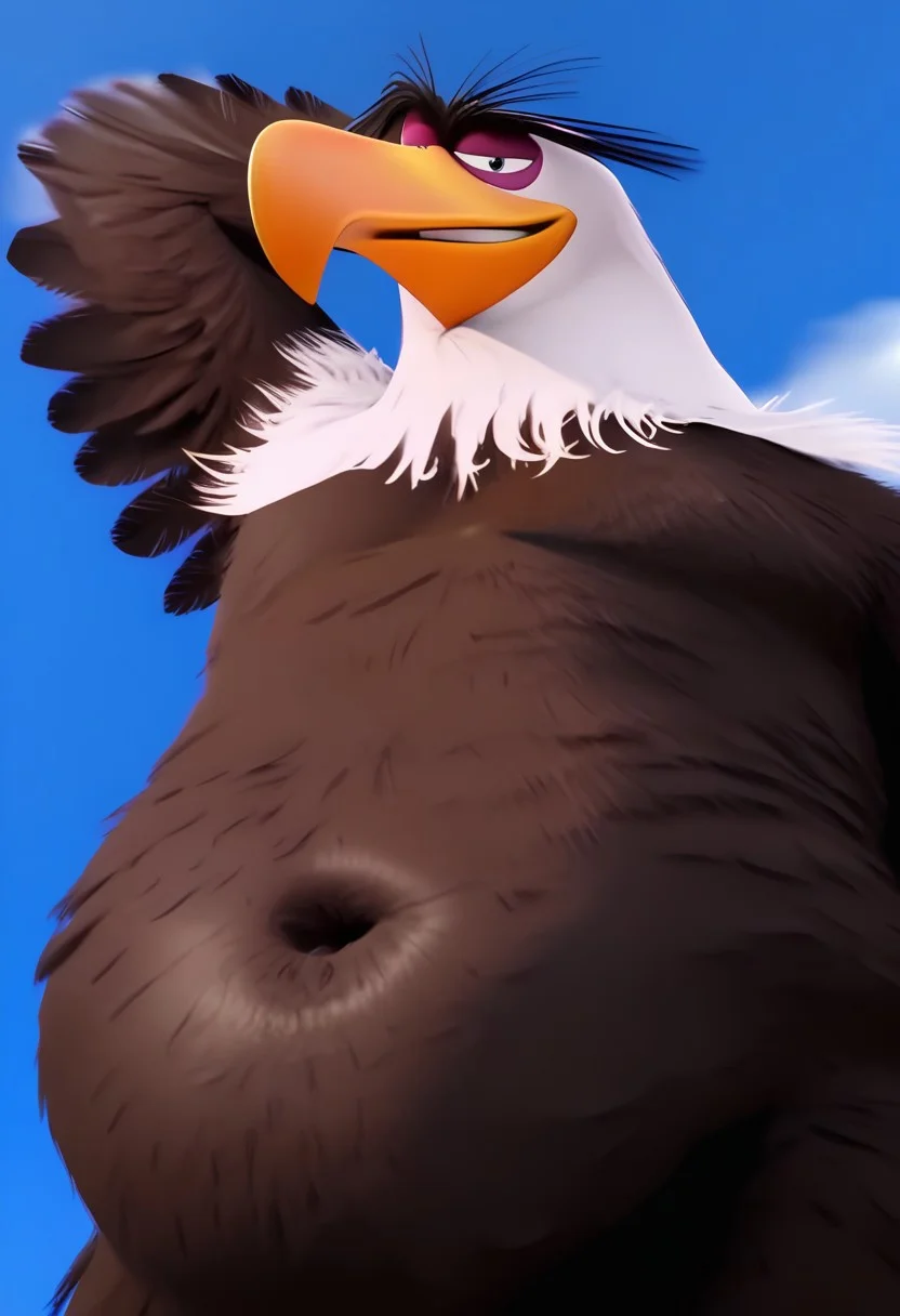 Mighty Eagle, brown feathers, feathers, bird, eagle, purple eyelids, feathered hands, big feathered hands, bird tail, winged arms, white head, white head feathers, feathered head, tired, eyebags, small pupils, white sclera, large eyebrows, large beak, long yellow beak, obese, big belly, 3D, male focus, posing, outside, blue sky, clouds, sunny, smirking, horny, low-angle, navel, moobs, love handles, ((solo)), front view, smiling at viewer, smirk, first person view, looking down, looking down at viewer, looking at viewer, overweight, overweight male, looming over, from above, looking down at viewer, arm behind head, ((((navel, belly button, deep navel)))), ((belly inflation))