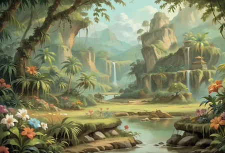 (score_9, score_8_up, score_7_up), landscape, a misty river in a colorful jungle, flowers, rapids, beautiful landscape, dramatic ambient, sharp focus, very detailed, intricate, cinematic, color, illuminated background, bright, heavenly, elegant, highly decorated, deep aesthetic, peaceful, open atmosphere, professional, artistic
