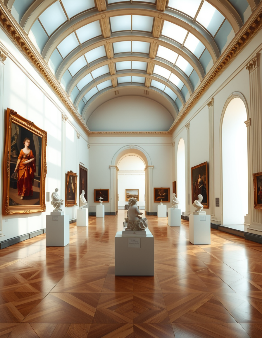 A high-resolution photograph of the interior of a grand art museum, featuring vast halls with high ceilings, intricate architectural details, and polished marble floors. The museum is illuminated by soft, natural light filtering through large arched windows, casting gentle shadows on the walls adorned with classical and modern paintings in ornate golden frames. In the center, a marble sculpture stands on a pedestal, surrounded by velvet ropes. Visitors walk around, some admiring the artwork, others engaged in quiet discussions. The atmosphere is serene and intellectual, with a warm color palette of beige, gold, and deep reds enhancing the elegance of the scene. The perspective is wide-angle, capturing the depth and scale of the museum, evoking a sense of awe and admiration.
<lora:SDXLFaeTastic2400:0.4> <lora:extremely_detailed:0.4> extremely detailed, <lora:art_mus3um:1>,art mus3um, Masterpiece,best quality,hi res,8k,hi res,8k,award winning,(sharp focus, intricate, highly detailed),