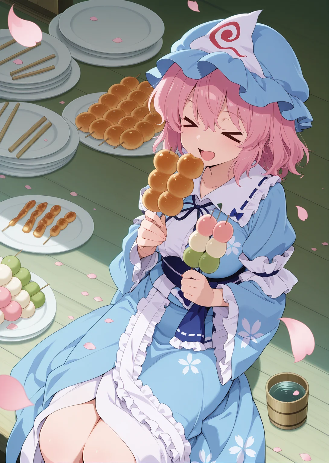 absurdres, highres, masterpiece, best quality, amazing quality, official anime artwork, screencap, anime screencap, outdoors, closed eyes, sitting, from above, wooden floor, petals,
<lora:Yuyuko-Saigyouji_IllustriousV2:1> saigyouji yuyuko, 1girl, solo, pink eyes, pink hair, short hair, medium large breasts,, mob cap, triangular headpiece, blue kimono, long sleeves, wide sleeves, sash, ribbon, floral print,
eating food, open mouth, plates, water, dango,
<lora:hotarueye_xl_comic01_v10:1> happy,