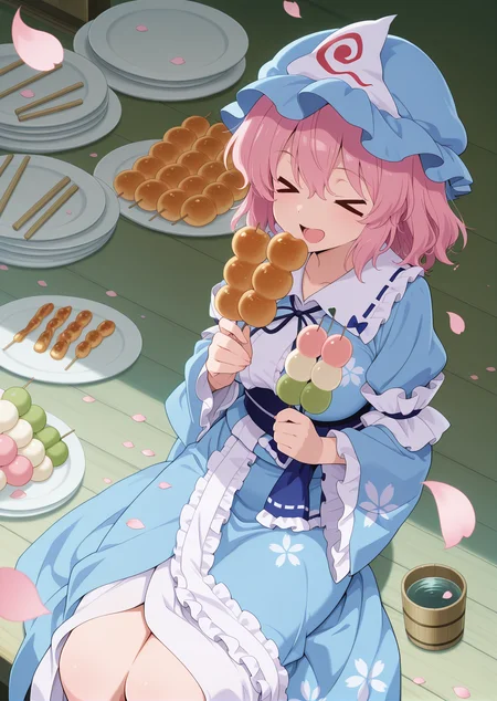 absurdres, highres, masterpiece, best quality, amazing quality, official anime artwork, screencap, anime screencap, outdoors, closed eyes, sitting, from above, wooden floor, petals,
<lora:Yuyuko-Saigyouji_IllustriousV2:1> saigyouji yuyuko, 1girl, solo, pink eyes, pink hair, short hair, medium large breasts,, mob cap, triangular headpiece, blue kimono, long sleeves, wide sleeves, sash, ribbon, floral print,
eating food, open mouth, plates, water, dango,
<lora:hotarueye_xl_comic01_v10:1> happy,