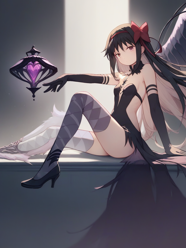 score_9,score_8_up,score_7_up, <lora:akuma_homura:1>ï¼legs, black gloves, elbow gloves, looking at viewer, hair ribbon, dark orb (madoka magica), bare shoulders, thighhighs, sitting, soul gem, argyle clothes, from side, outstretched leg, silhouette, wings, knee up, hair flower, akemi homura, solo, 1girl, akuma homura, high heels, half-dress