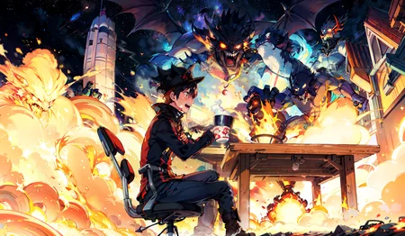 this is fine, meme, fire, office, hat, cup, chair, table, dog, smoke in the air, chaos, alarm, explosion, crying, dusk, evil smile, (space:1.4), (monster:1.4) <lora:ironcatlora2Dragons_v10:0.7>