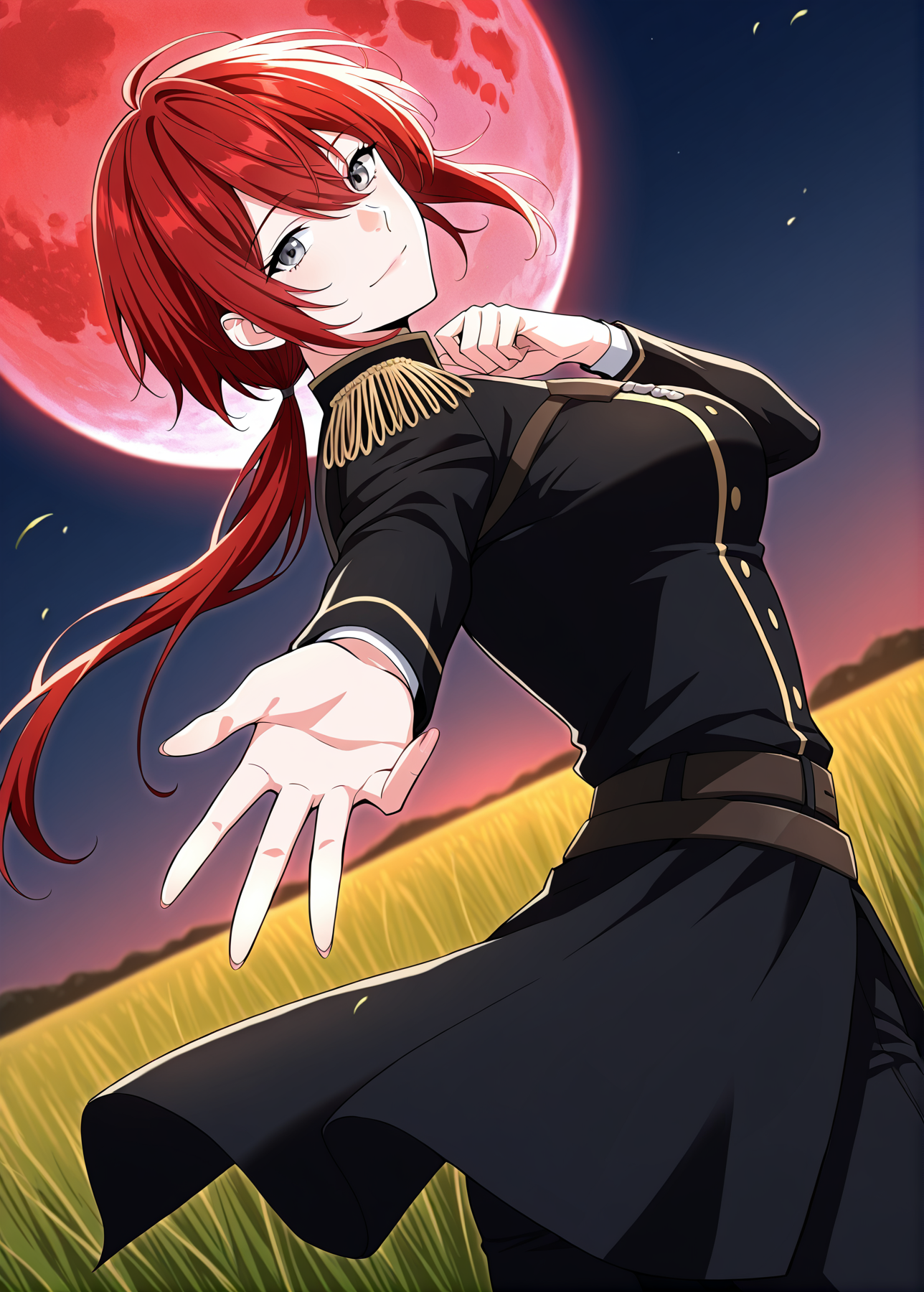 <lora:Claire_Bladeheart__The_Beginning_After_the_End__Illustrious:1>
1 girl, solo, grey eyes, red hair, ponytail, low ponytail, short hair, hair between eyes, bangs, black uniform, black jacket, black pants, epaulettes, long sleeves, belt, black boots, double-breasted
score_9, score_8_up, score_7_up, very aesthetic, source_anime, detailed, high quality, beautiful, masterpiece, detailed eyes, field, blurry background, pose dynamic angle, upper body, cowboy shot, light smile, looking back, reaching out, floating hair, looking at viewer, night, red moon,