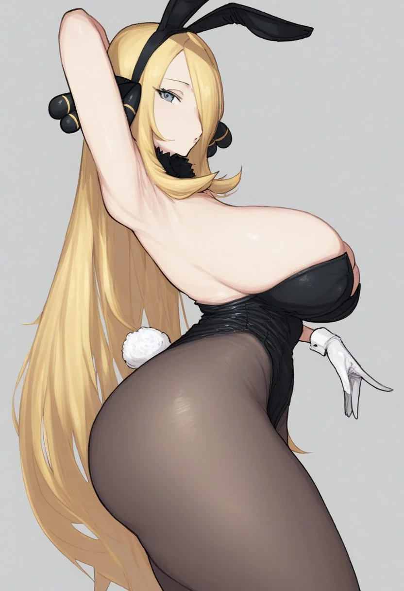 score_9,score_8_up, score_7_up,leebo,1girl, breasts, pantyhose, animal ears, solo, blonde hair, rabbit ears, playboy bunny, long hair, leotard, rabbit tail, hair over one eye, tail, gloves, black leotard, huge breasts, white gloves, armpits, thick thighs, thighs, hair ornament, fake animal ears, detached collar, very long hair, from side, strapless leotard, bow, looking at viewer, skindentation, grey eyes, cynthia pokemon