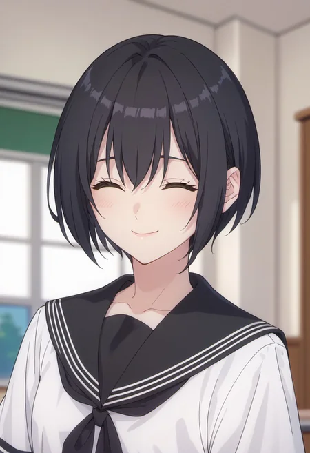score_9, score_8_up, score_7_up, source_anime, nonoa, black hair, short hair, 1girl, closed eyes, solo, school uniform, serafuku, smile, closed mouth, sailor collar, black sailor collar, shirt, white shirt, upper body, blurry background, indoors