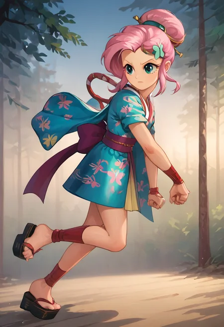 SFW, rating_all, score_10, score_8_up, score_7_up, Equestria girls, (((human))), 1female, (((solo))), (((Fluttershy) cosplaying) as Ayame), short hair, bangs, (pink hair), hair ornament, short sleeves, sidelocks, japanese clothes, kimono, hair bun, (aqua eyes), sash, obi, sandals, single hair bun, rope, hair stick, short kimono, platform footwear, ankle wrap, slender, stern, fighting, detailed, vector, flat colors