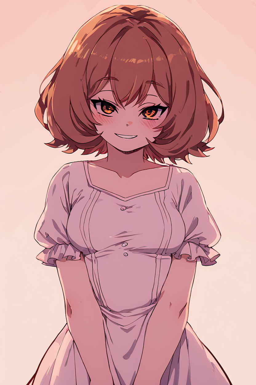 score_9, score_8_up, score_8, medium breasts, (curvy), cute, eyelashes,       BREAK, , zzEdel, brown eyes, medium hair, brown hair, short hair,   dress, collarbone, puffy short sleeves, <lora:EdelFrieren_PDXL:1.0>,  , BREAK, smile, looking at viewer, cowboy shot, ,,, embedding:zPDXL, Expressiveh, ,,, <lora:Zankuro_Style_PDXL:0.8> <lora:SDXLFaeTastic2400:0.5>, <lora:Expressive_H-000001:0.4>,